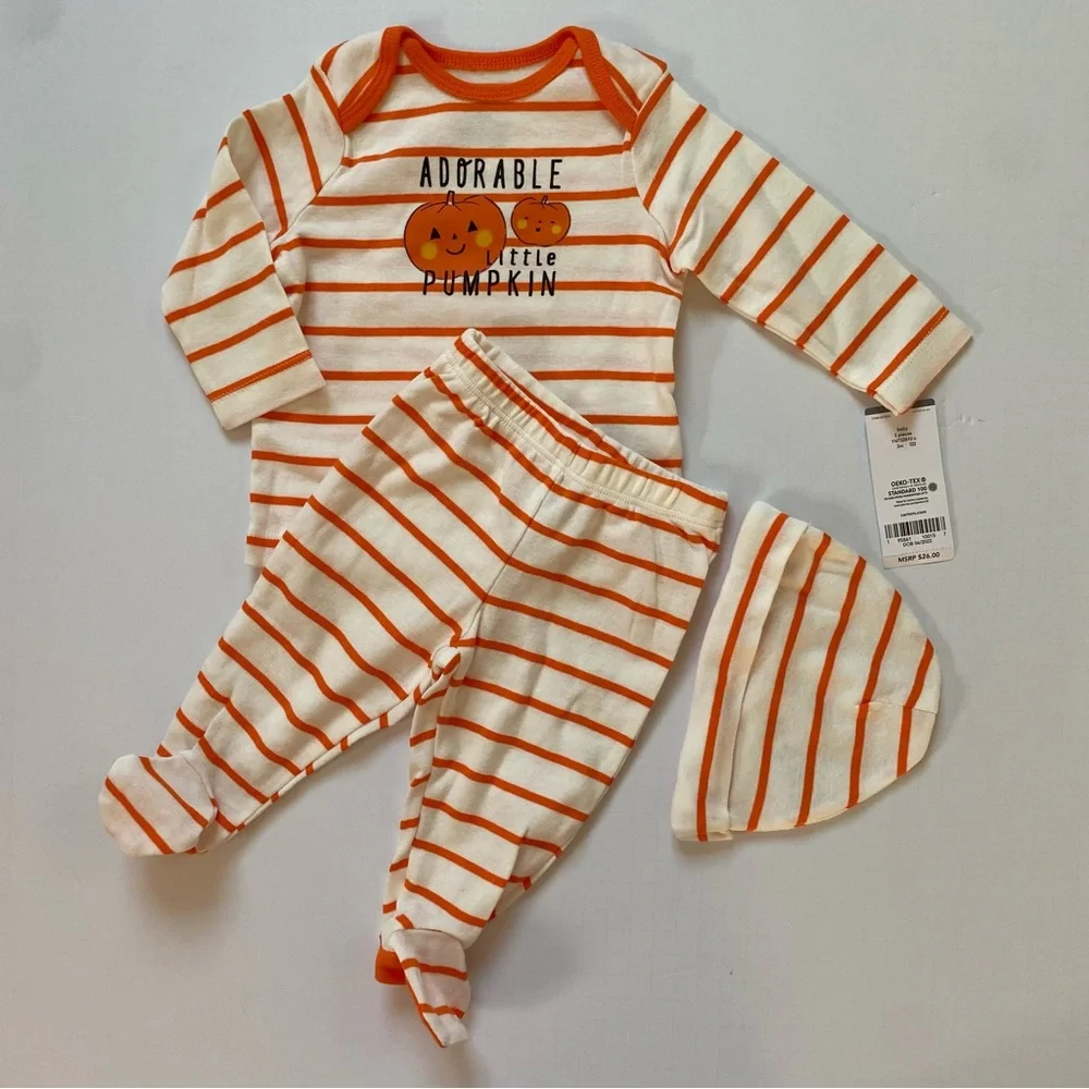 Pumpkin Outfit Size 3 Months NWT 3 Piece Baby Halloween Fall Orange Striped Hat